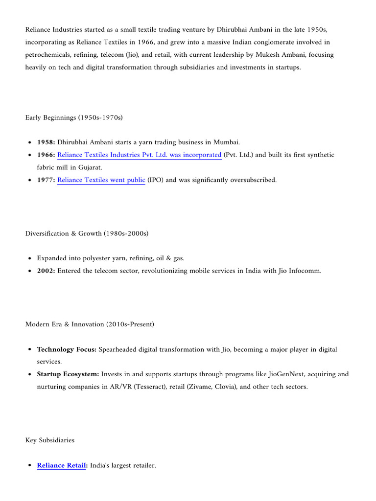 Reliance Industries: Growth & Innovation | PDF