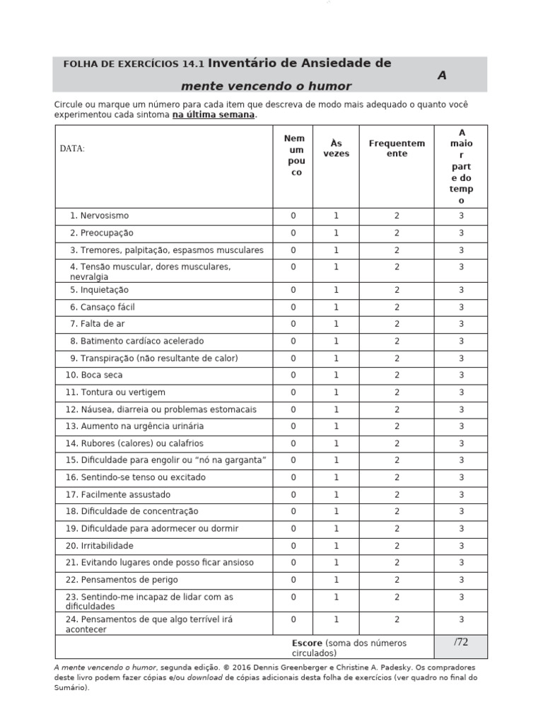 Inventário de Ansiedade: Exercícios e Sintomas | PDF | Ansiedade ...