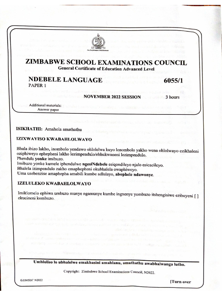Ndebele Language A'level p1 - 2022 | PDF