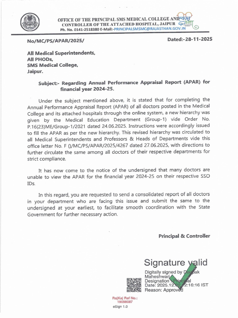 Regarding Annual Performance Appraisal Report (APAR) for Financial Year ...