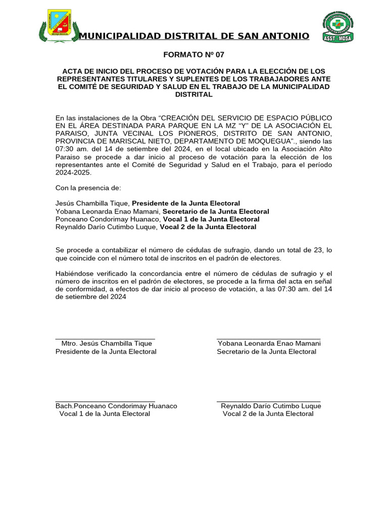 Acta de Inicio de Votación 2024-2025 | PDF