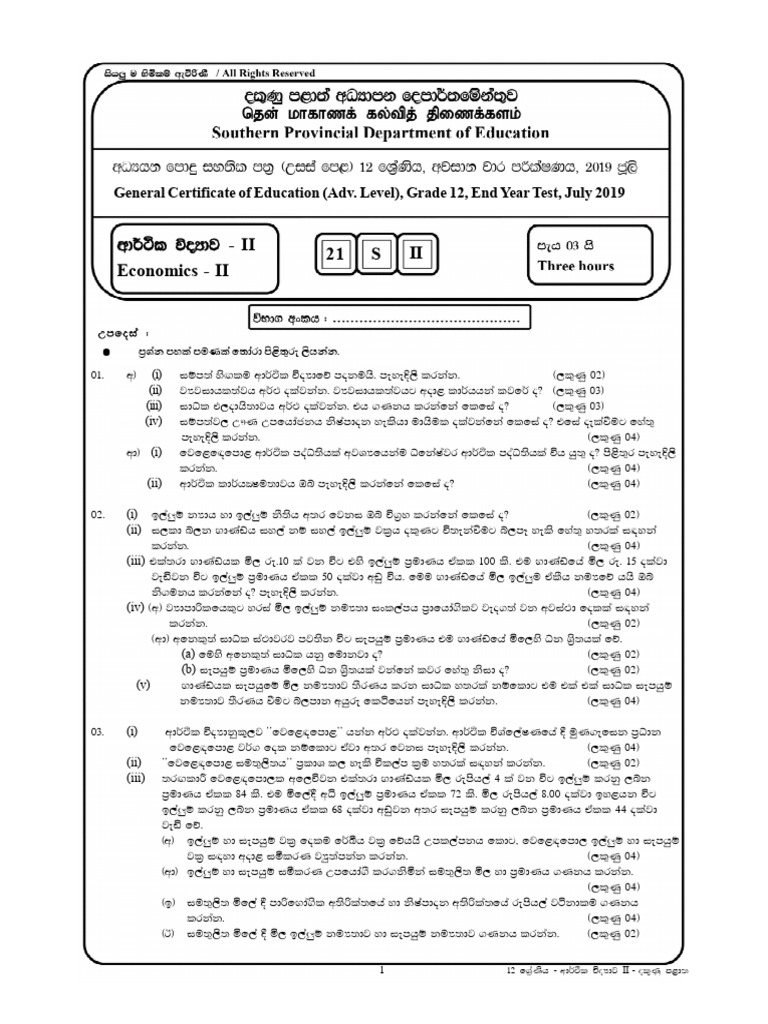 Grade 12 Economics Test Paper | PDF