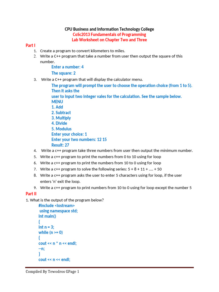 Worksheet IV | PDF | C++ | Integer (Computer Science)