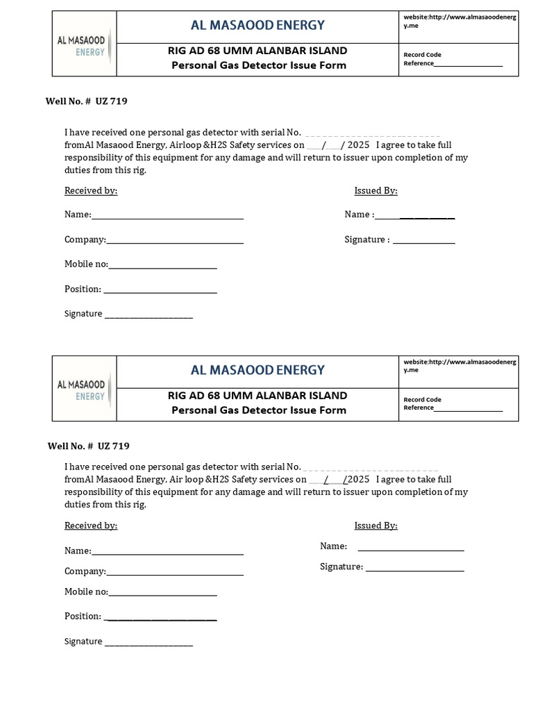 Personal Gas Detector Issue Form | PDF