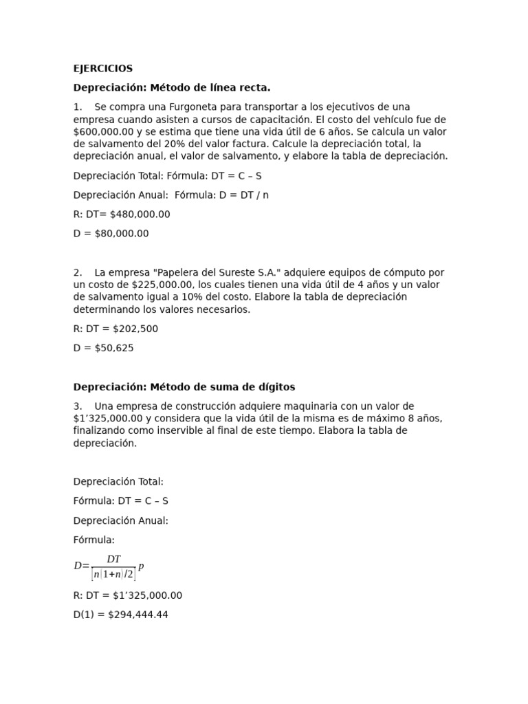 Ejercicios de Depreciación: Métodos y Cálculos | PDF | Depreciación ...