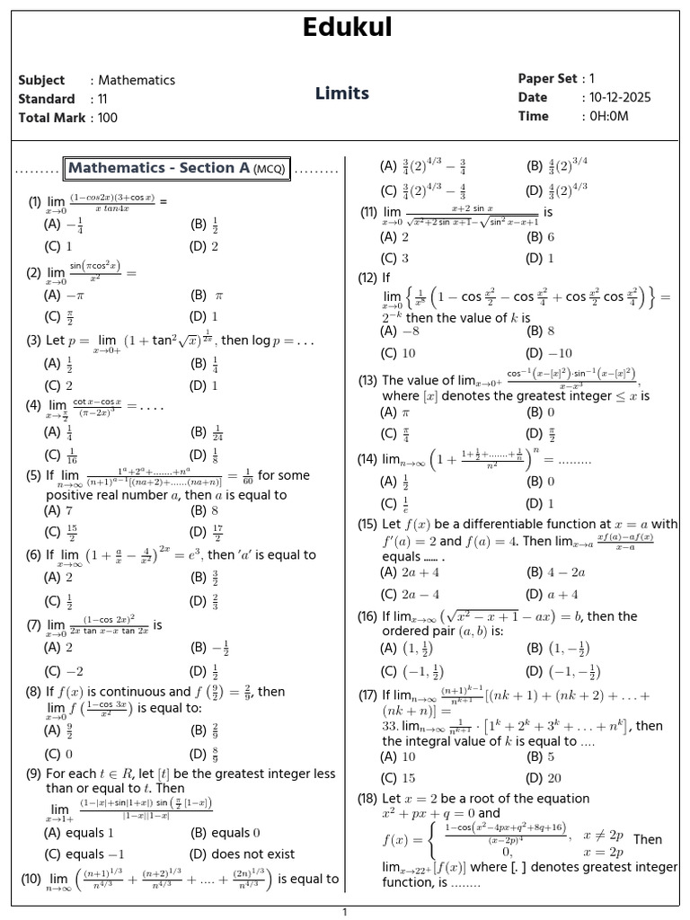 Mathematics Limits Exam Paper 2025 | PDF | Elementary Mathematics ...
