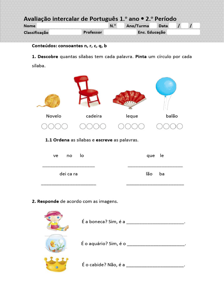Avaliação de Português 1º Ano - 2º Período | PDF | Famílias linguísticas