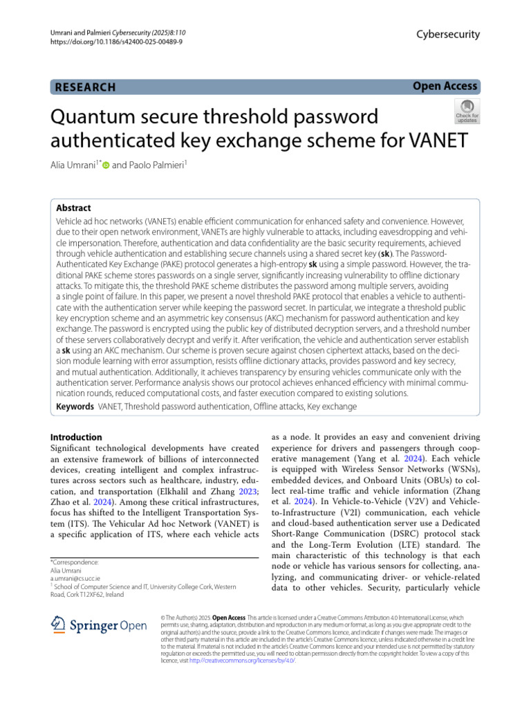 Quantum Secure Key Exchange for VANET | PDF | Password | Key (Cryptography)