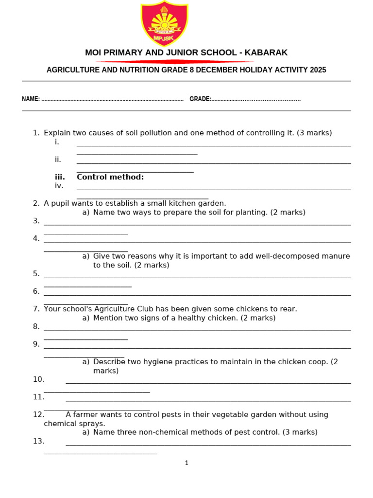 Grade 8 Agriculture & Nutrition Holiday Activity | PDF | Agriculture ...