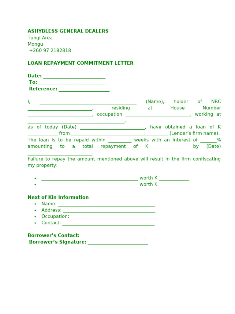 Loan Repayment Commitment Letter Template | PDF