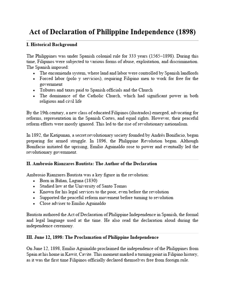 Philippine Independence Declaration 1898 | PDF | Philippines | Spanish ...