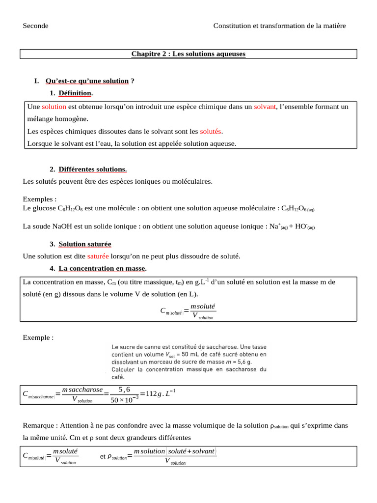 Solutions aqueuses : définition et préparation | PDF | Solvant | Densité