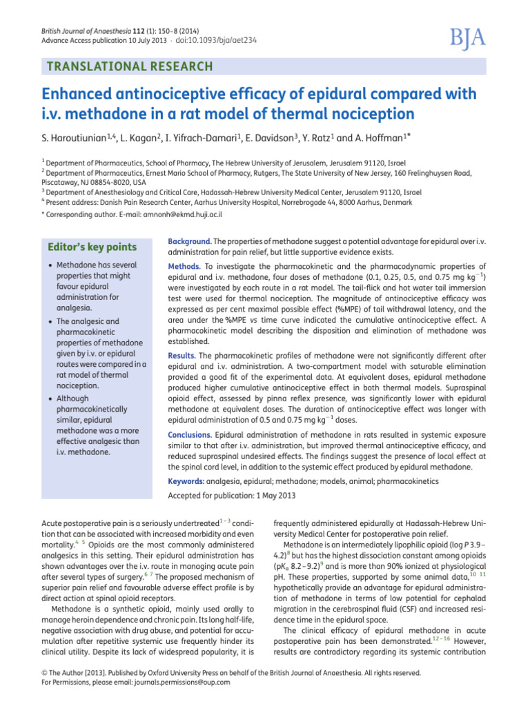 Haroutiunian Epidural Methadone PK-PD BJA2014 | PDF | Pharmacokinetics ...