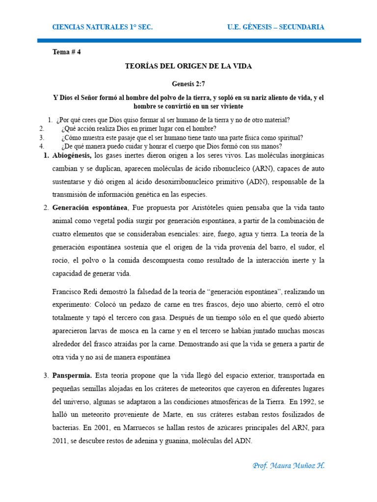 Teorías del Origen de la Vida | PDF | Abiogénesis | Naturaleza