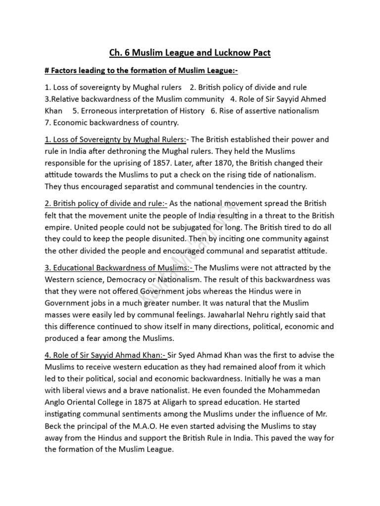 ️Ch.6 Muslim League | PDF | All India Muslim League | Indian National ...