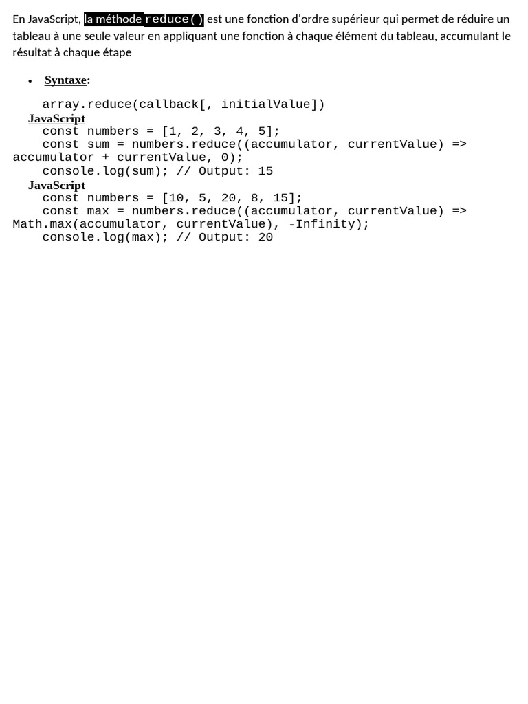 Utiliser la méthode reduce() en JavaScript | PDF