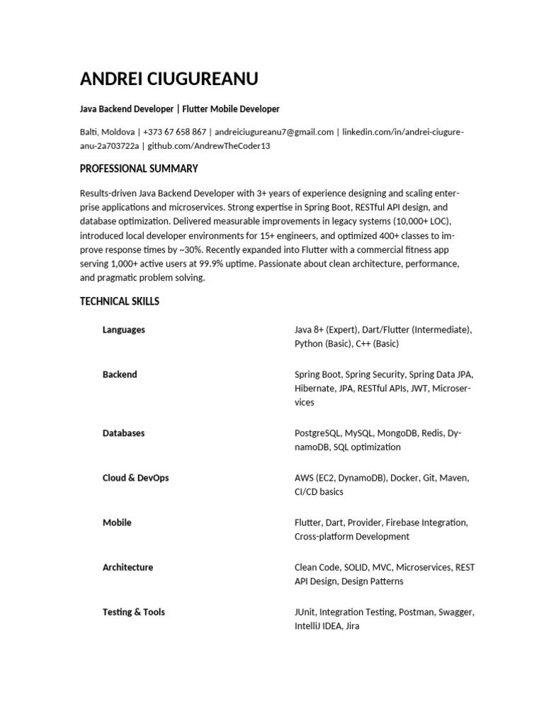Java & Flutter Developer Resume | PDF | Point Of Sale | Mobile App