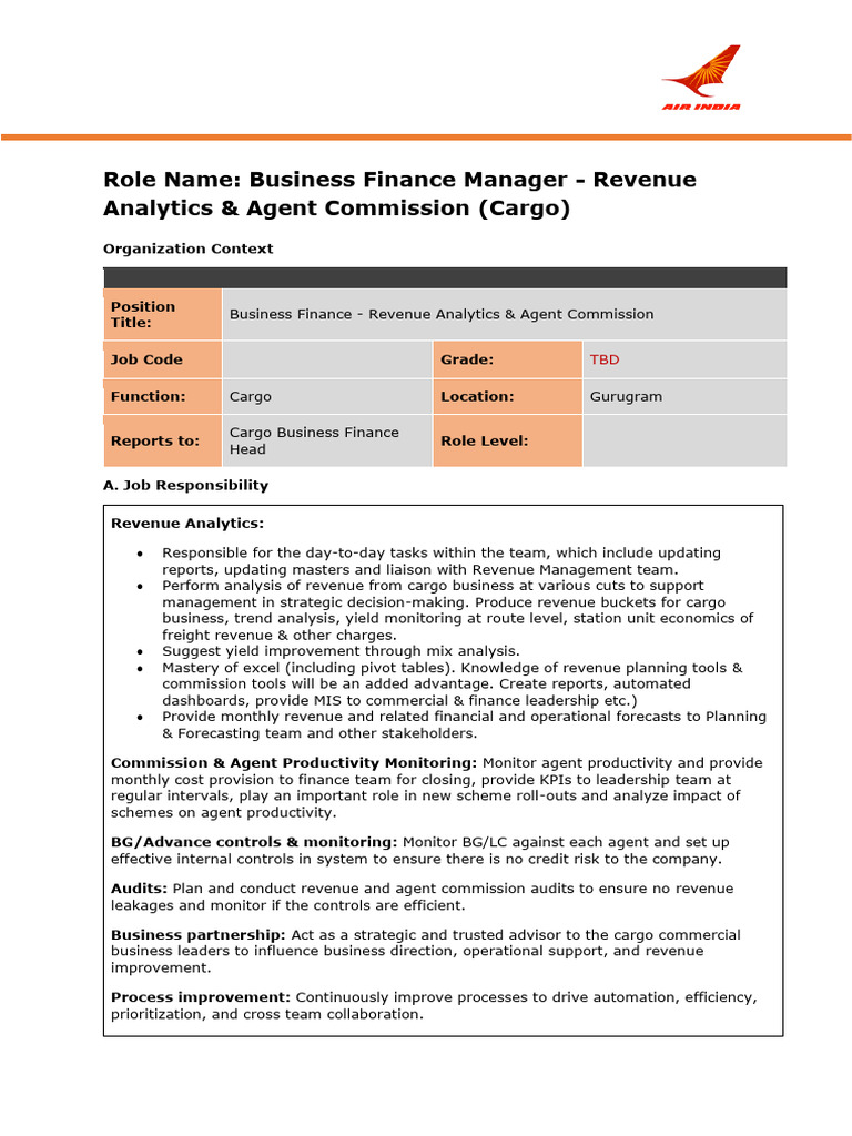 JD - Business Finance - Revenue Analytics Agent Commission - Air India ...