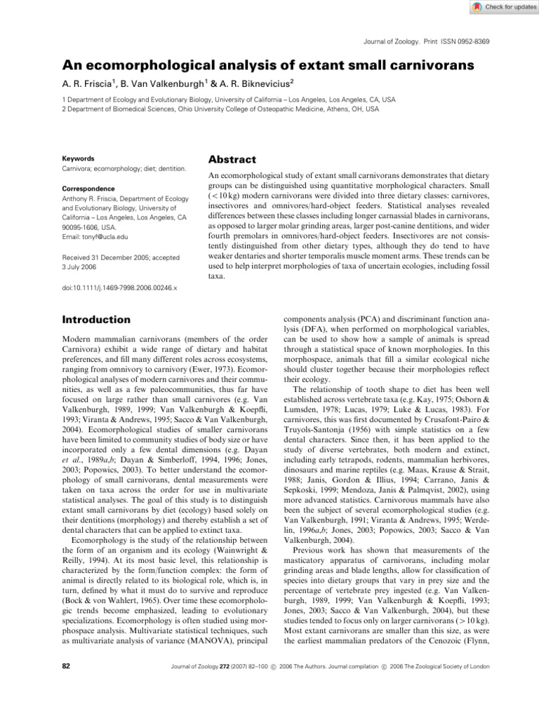 Ecomorphology of Small Carnivorans | PDF