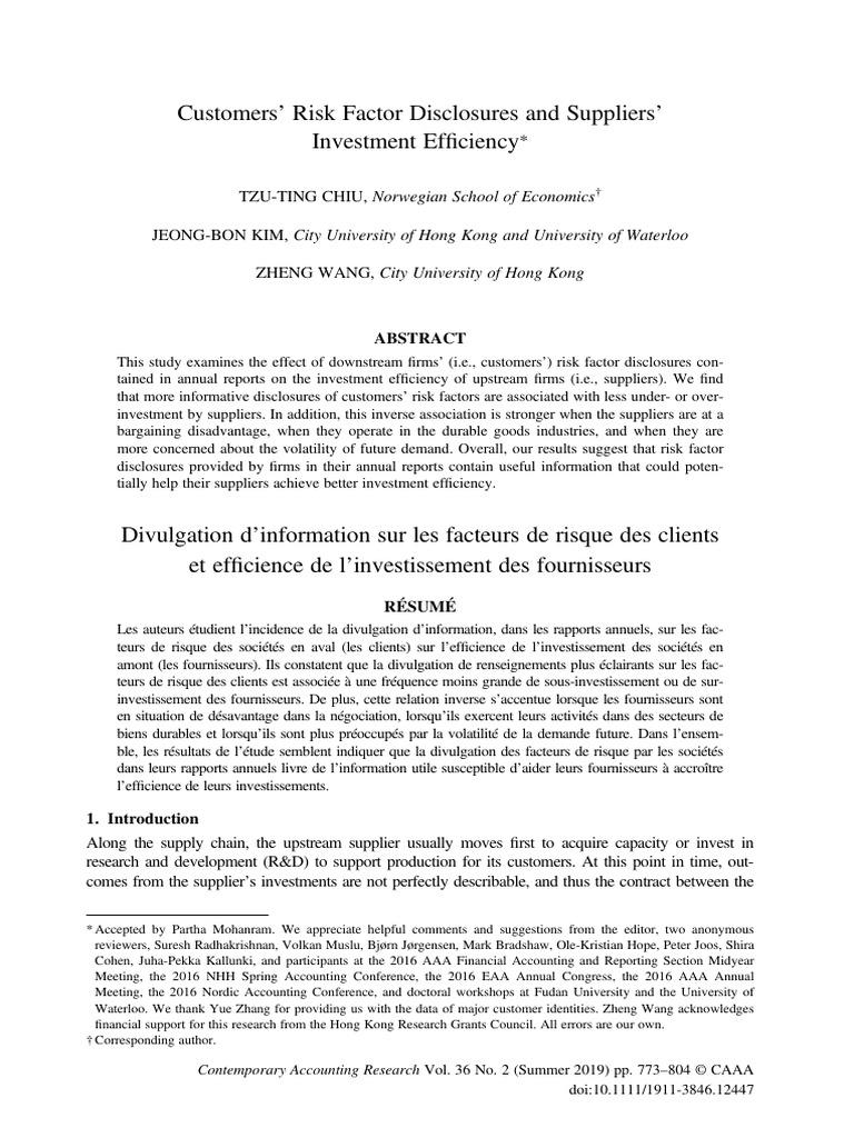 Impact of Customer Risk Disclosures on Supplier Investment | PDF ...