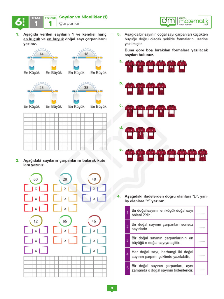 Sinif Sayilar Ve Nicelikler1 Carpanlar Etkinligi - 1 - Dersmatematik ...