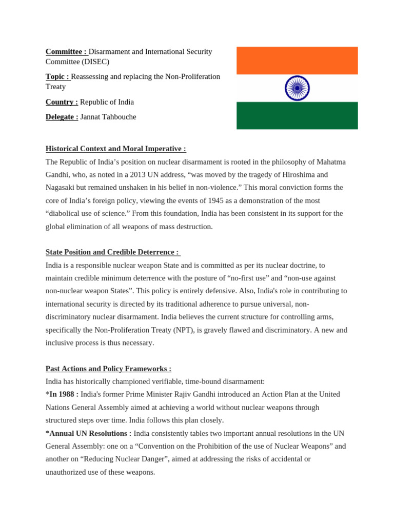 Position Paper INDIA | PDF | Nuclear Disarmament | Nuclear Weapons