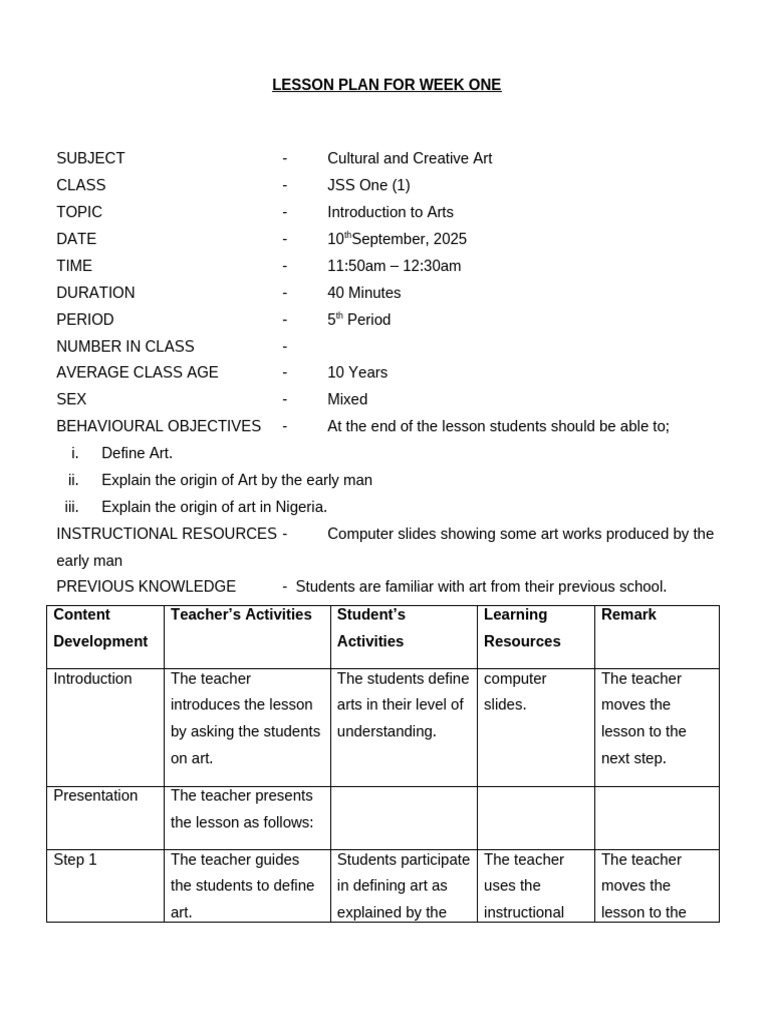 JSS One Art Lesson Plans Overview | PDF | Teachers | Lesson Plan