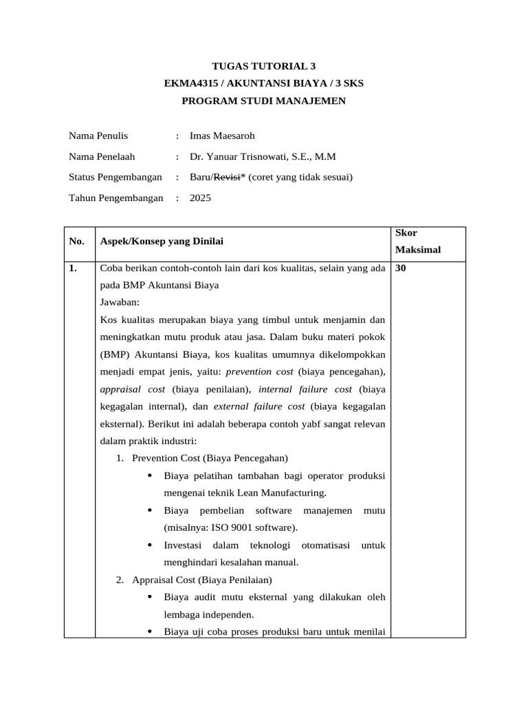 Contoh Kos Kualitas dan Alokasi Biaya | PDF