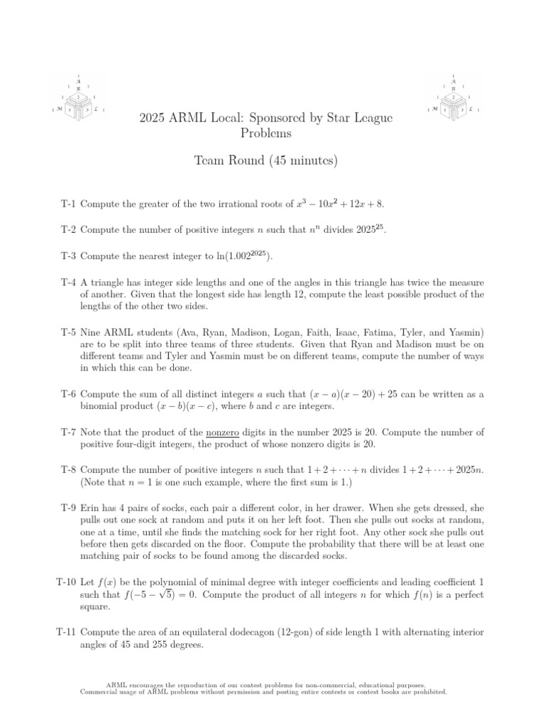 2025 ARML Local Contest Problems | PDF | Area | Rectangle