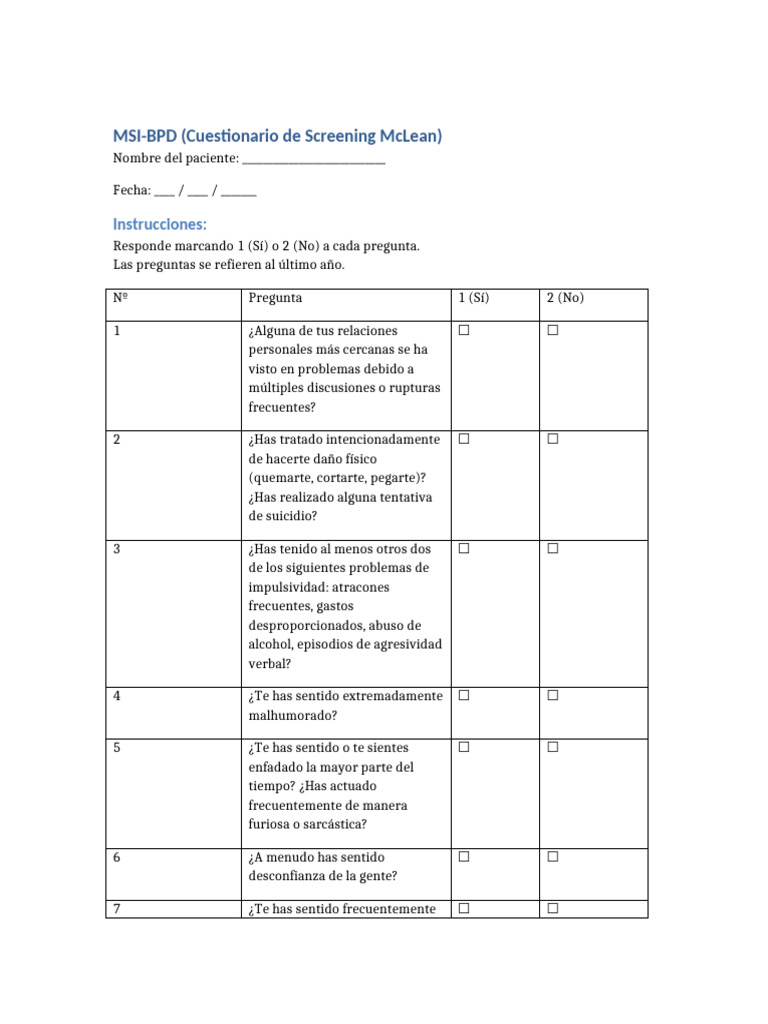 MSI-BPD (Cuestionario de Screening McLean) | PDF | Salud mental | Sicología