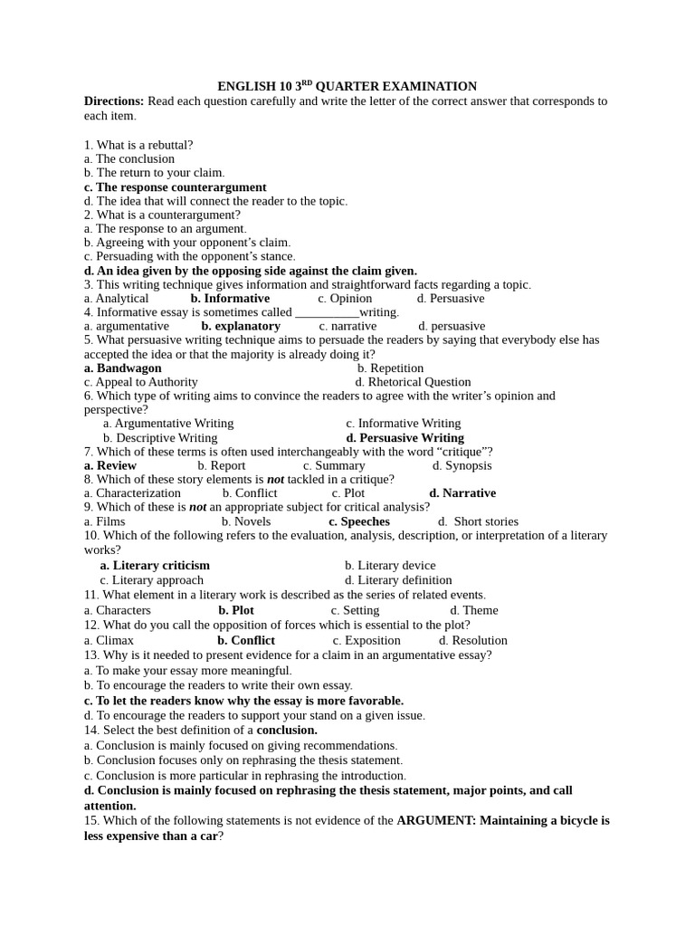 English 10 3rd Quarter Exam Guide | PDF | Essays | Cognition