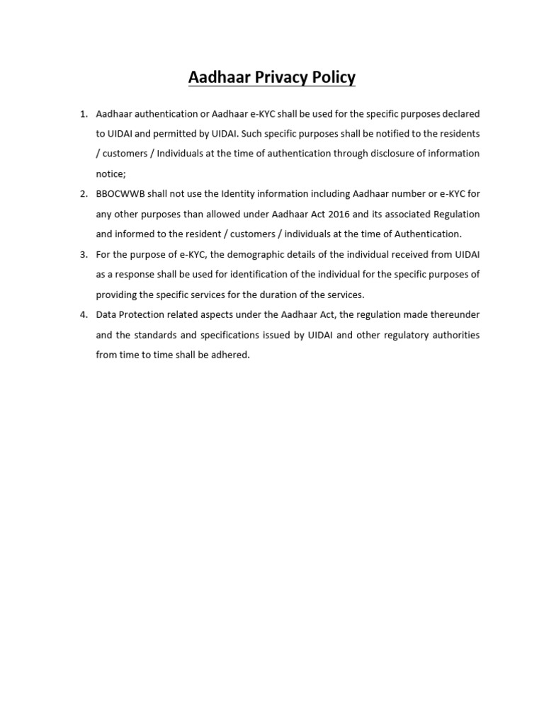 Aadhaar Privacy Policy Overview | PDF