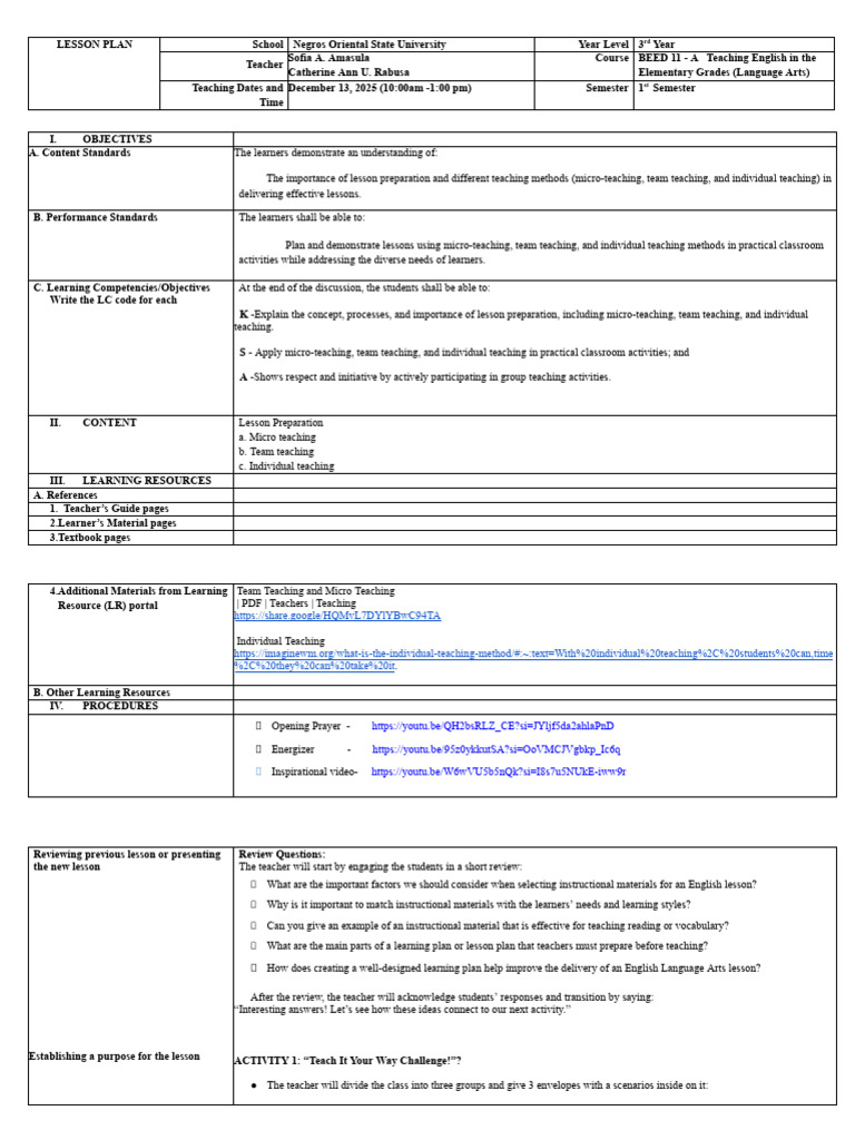 Lesson Planning for English Teaching Methods | PDF | Teachers ...