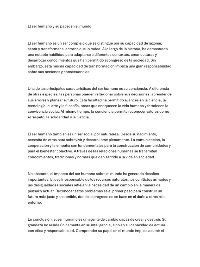 El papel del ser humano en el mundo | PDF