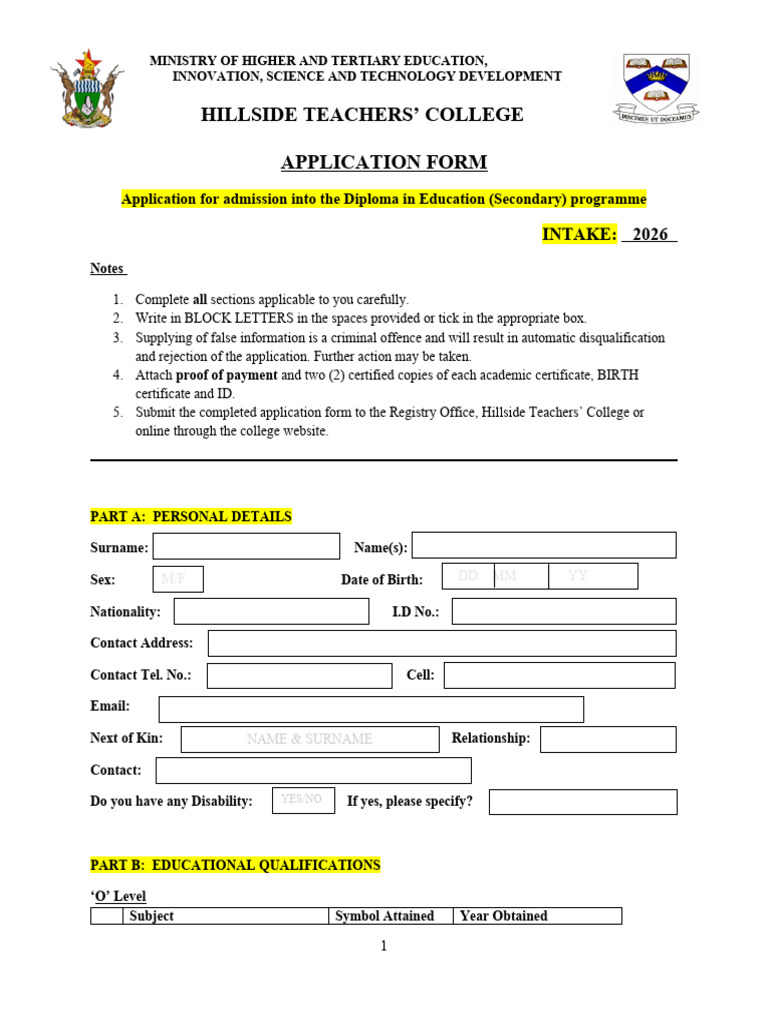 Hillside Teachers' College 2026 Admission Form | PDF | College | Diploma