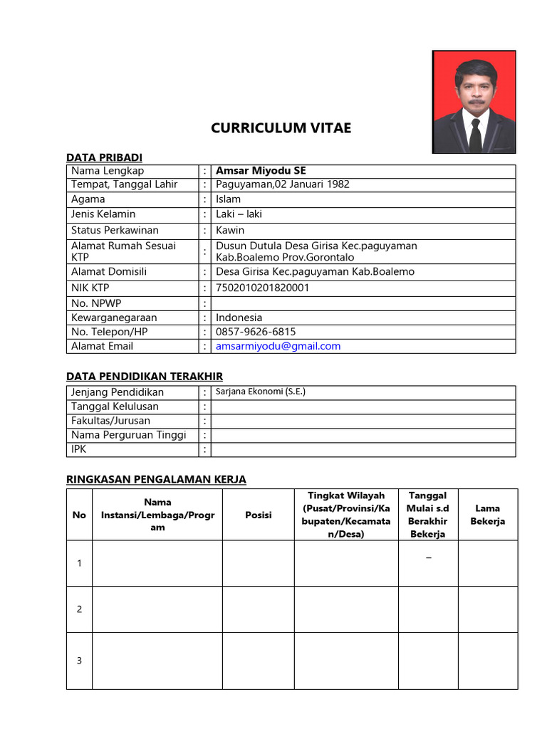 CV Amsar Miyodu: Pengalaman & Pendidikan | PDF