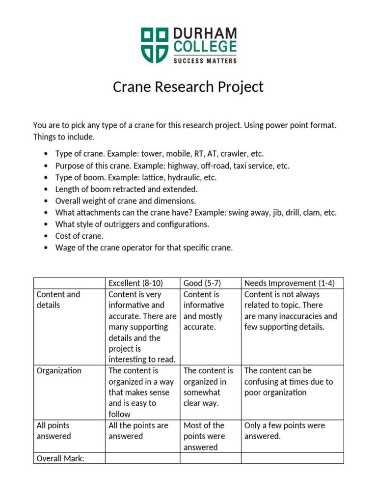Crane Research Project Rubric | PDF
