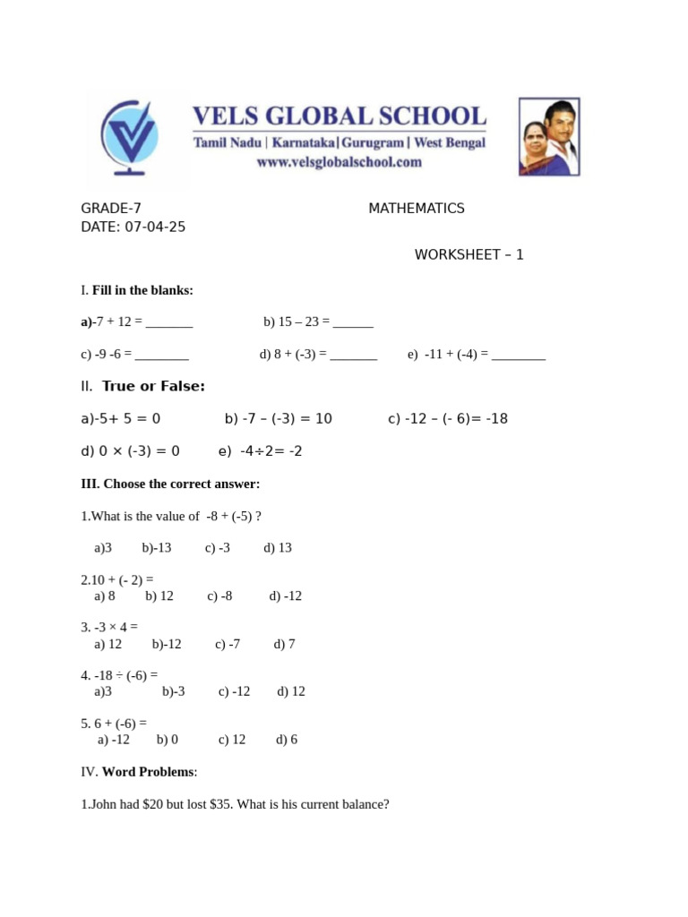 Gr 7 Worksheet 1(2025) | PDF