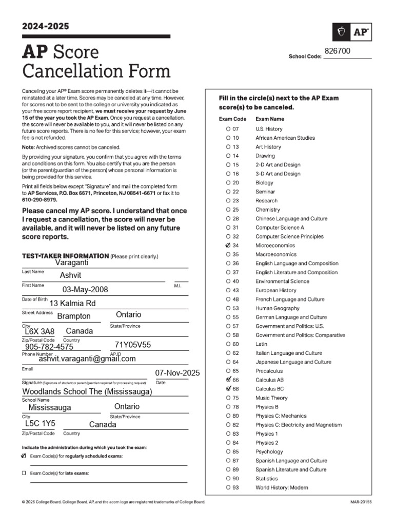 AP Score Cancellation Form Printed | PDF