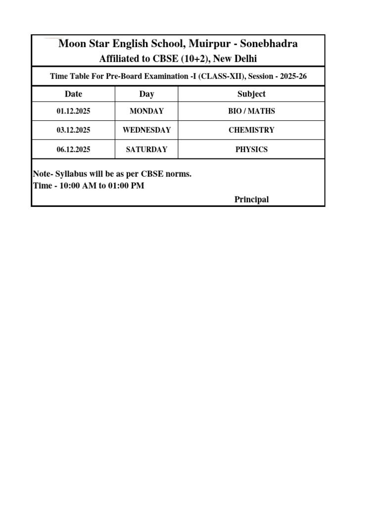 Class XII Pre-Board Exam Timetable 2025 | PDF