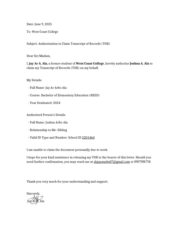 Authorization Letter To Claim TOR 092928 | PDF