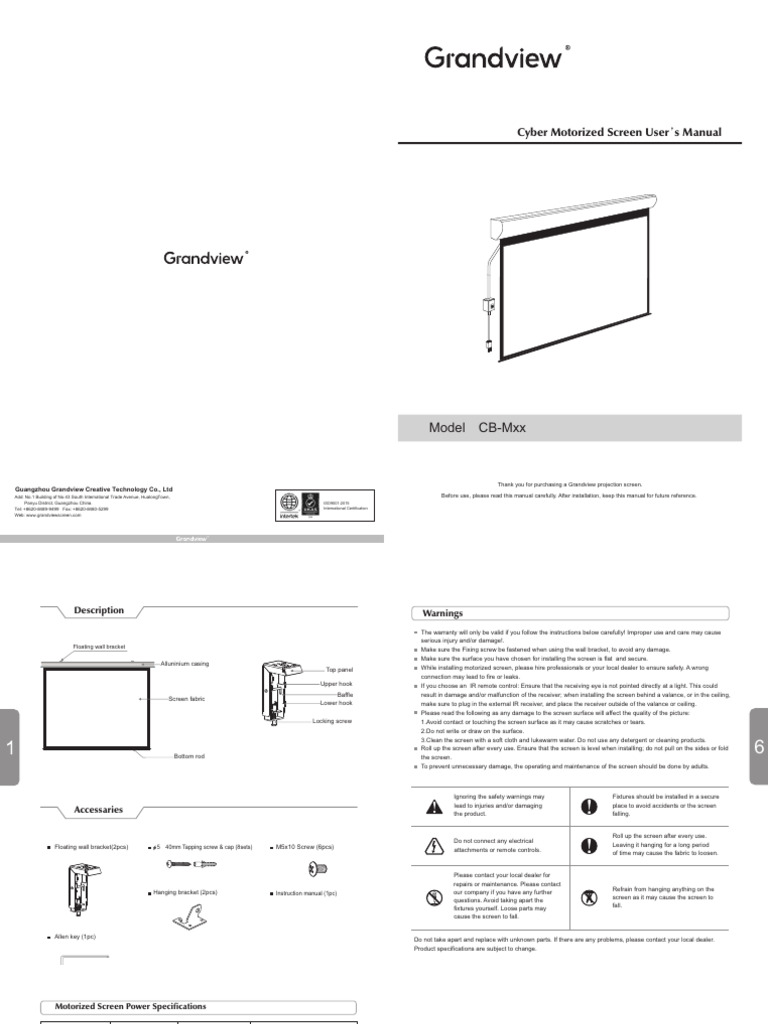 Grandview Motorized Screen Manual | PDF | Drill | Screw