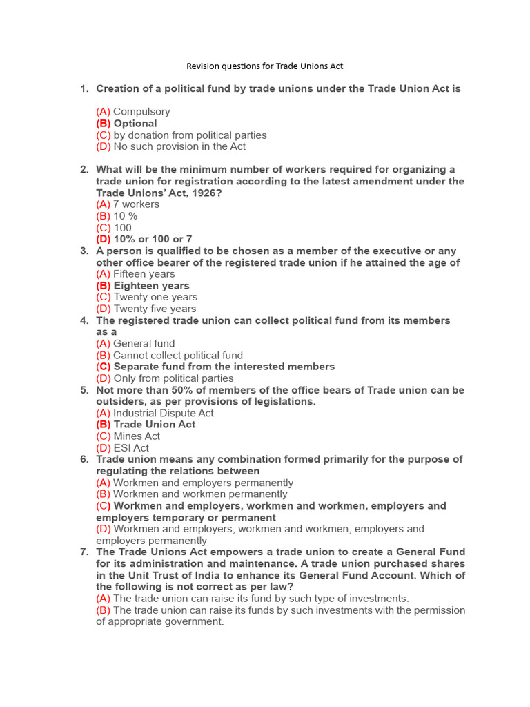 Trade Unions Act Revision Questions | PDF