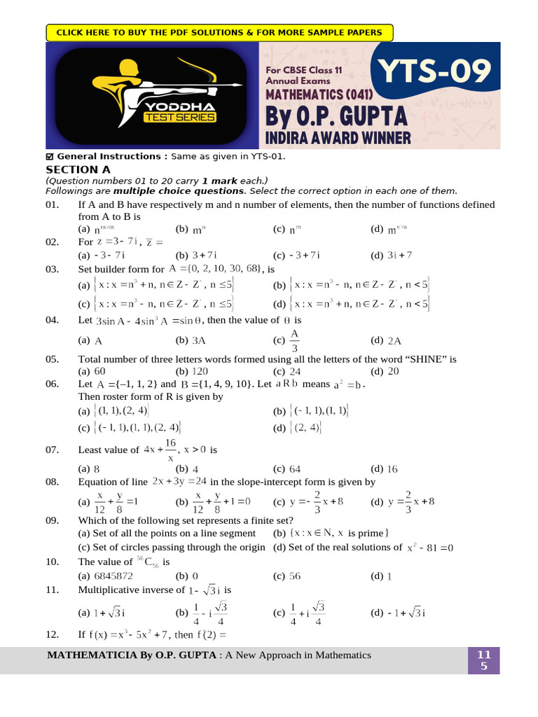 CBSE XI Maths Sample Paper Solutions | PDF | Function (Mathematics) | Mean