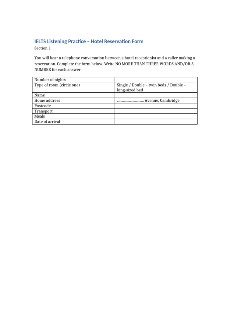 IELTS Listening: Hotel Reservation Practice | PDF