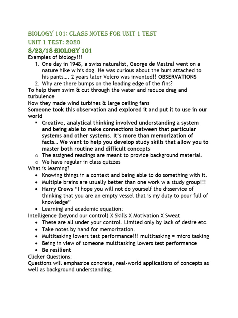 Biology 101 Unit 1 Test Notes | PDF | Cell (Biology) | Chemical Bond