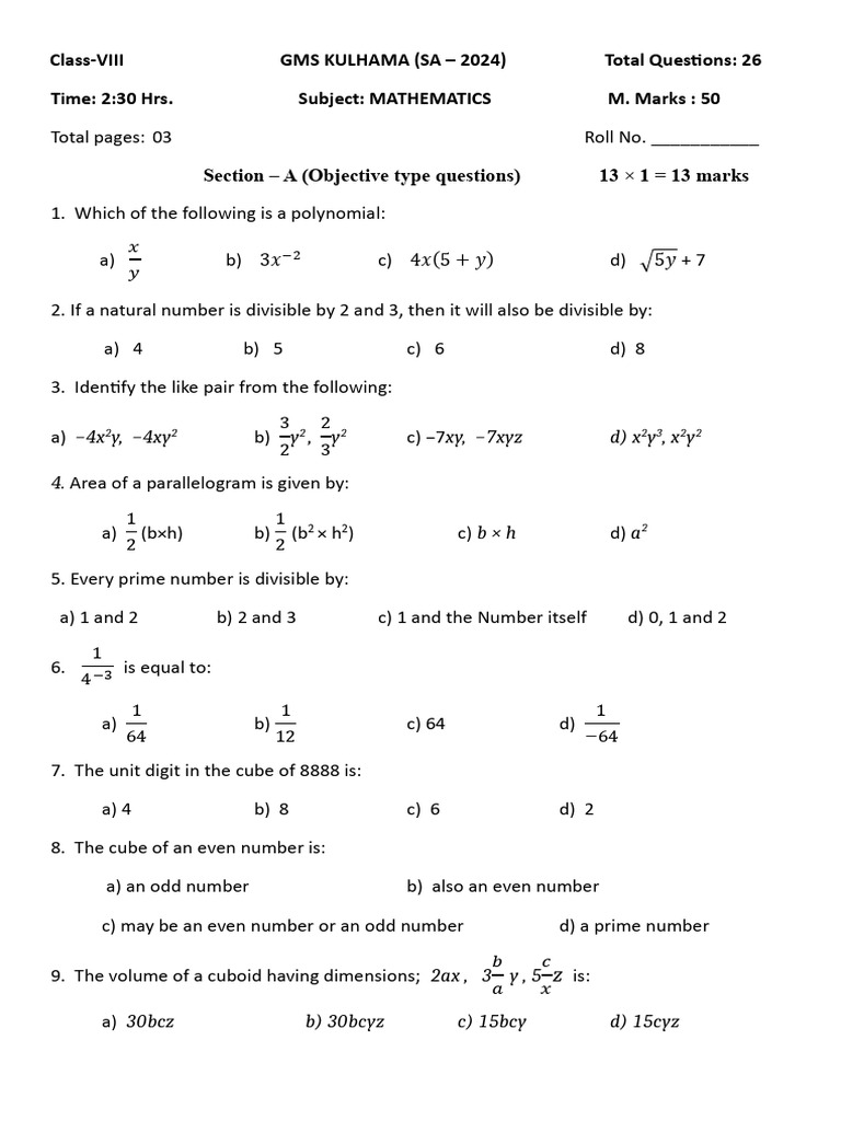 Class 8 Mathematics Exam Paper 2024 | PDF | Area | Numbers