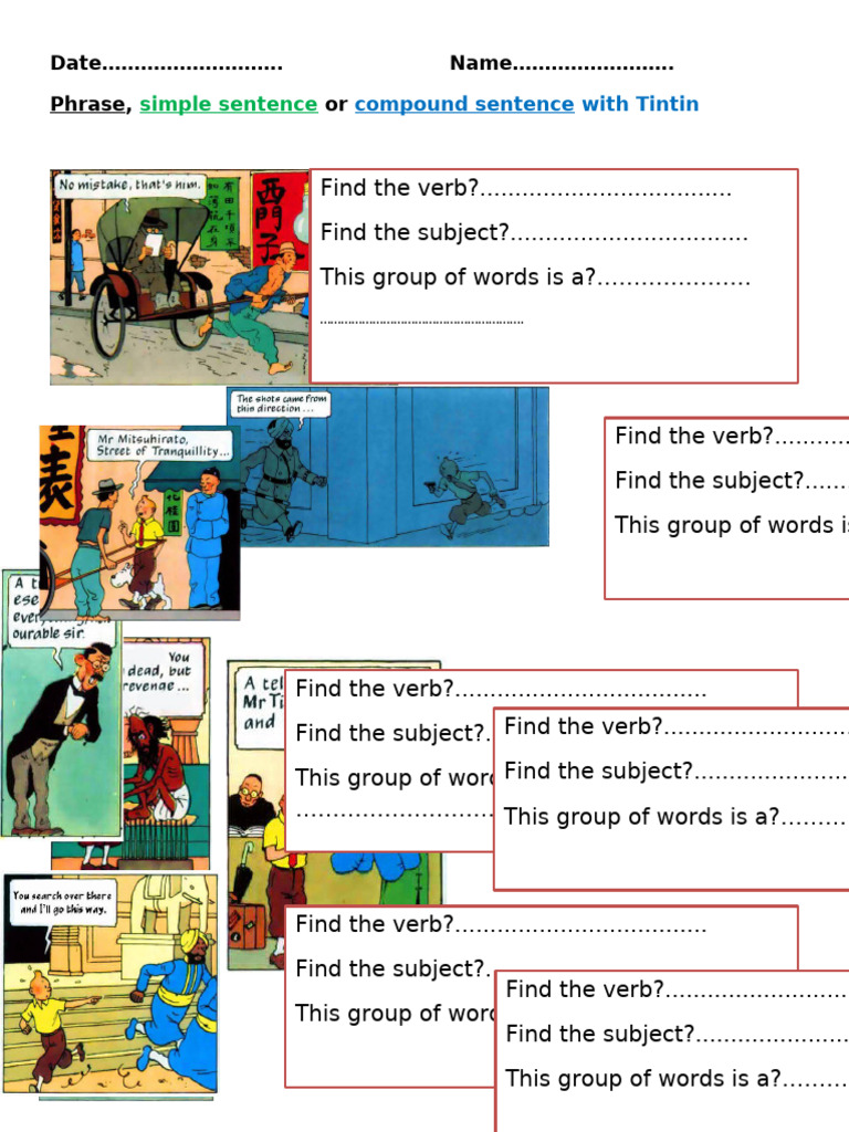 Phrases Simple and Compound Sentences With Tintin Grammar Drills ...