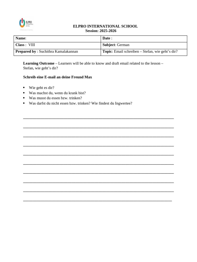 WS 8 German Email Schreiben Lektion 1 2025-26 | PDF
