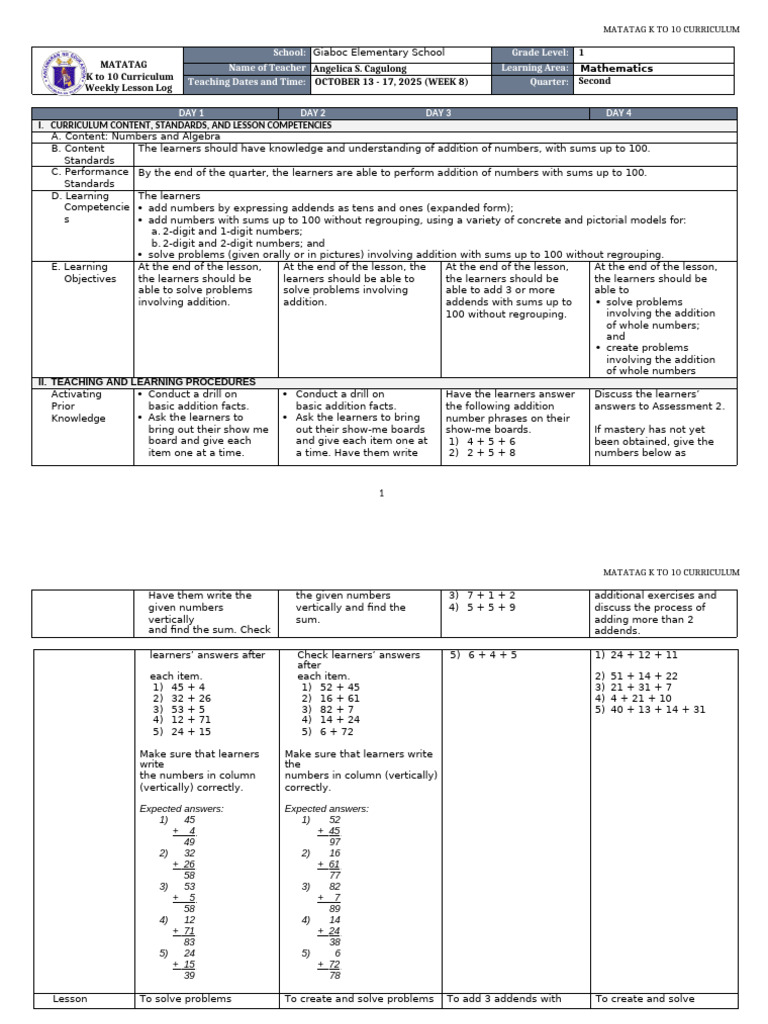 Grade 1 Math Lesson Plan: Addition | PDF | Curriculum | Learning